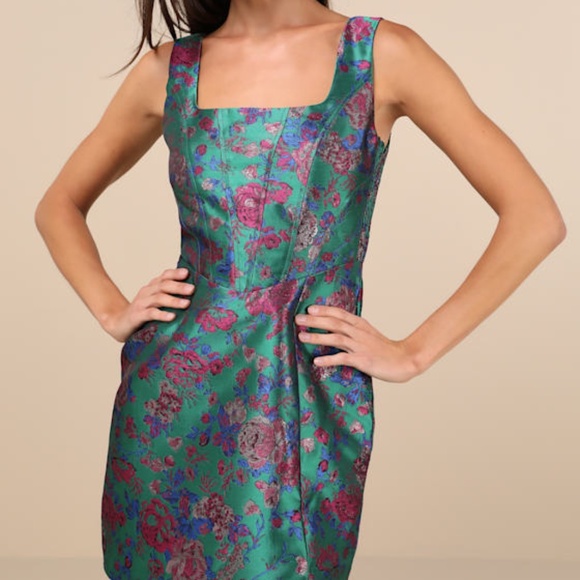 Lulus Dresses & Skirts - Lulus Compelling Drama Green Floral Jacquard Lurex Bustier Mini Dress - Size M